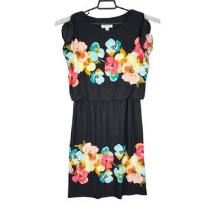 Womens Black Floral Dressbarn Short Sleeve Mini Dress Polyester Stretch Size 8